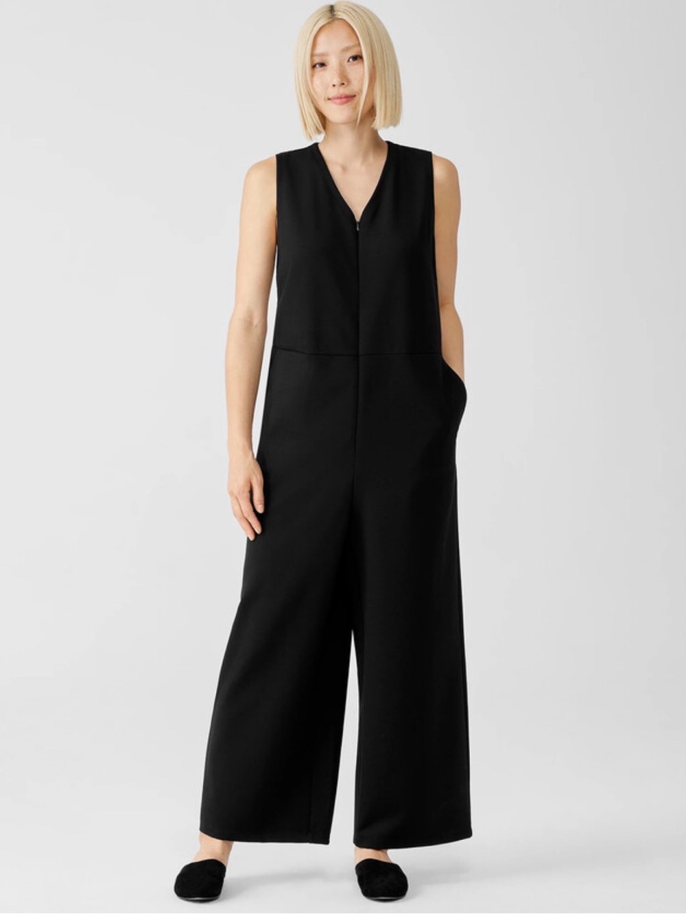 Elineen Fisher Ponte Wide Leg Jumpsuit Sleeveless XSmall XS Washable V-Neck